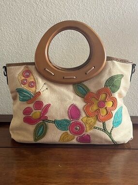 Vintage RELIC Canvas Leather
Flower Patchwork Bamboo
Handle Boho Hippie Hand Bag